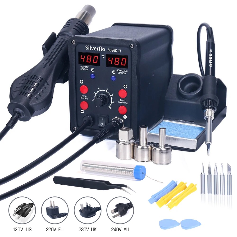 Smd Rework Station Hot Air Soldering 2 In 1 - Silverflo stasiun Solder 8586D, stasiun Solder